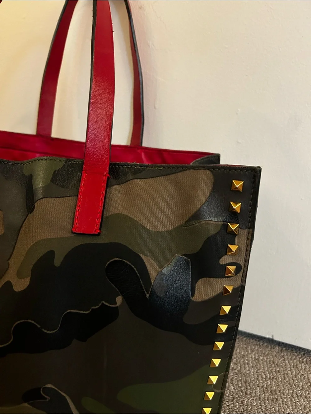 Valentino Garavani Rockstud Camouflage Tote with Red Handles and Gold Studs